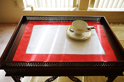 White Hemstitch Placemat 14"x20". Red Color Borders.